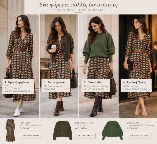 Τέσσερα styling looks με το εμπριμέ φόρεμα Compania Fantastica 63C12002, τη χακί ζακέτα και το πράσινο πουλόβερ