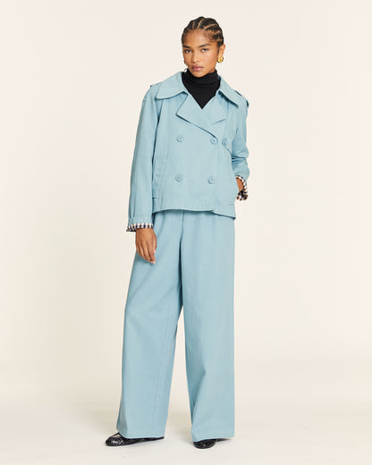 SHORT TRENCH COAT WITH BLUE CHECK LINING