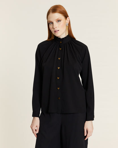 BLACK BUTTON-UP HIGH NECK BLOUSE