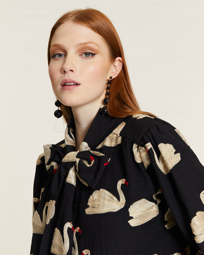 SHIRT WITH BOW AND EMBROIDERED SWANS