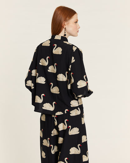 SHIRT WITH BOW AND EMBROIDERED SWANS