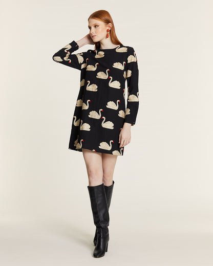 SHORT DRESS WITH EMBROIDERED SWANS