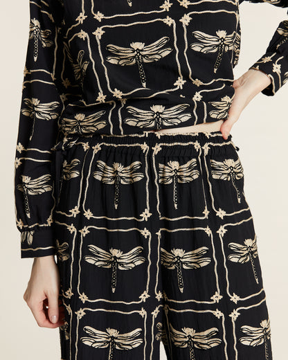 Dragonfly embroidered pants