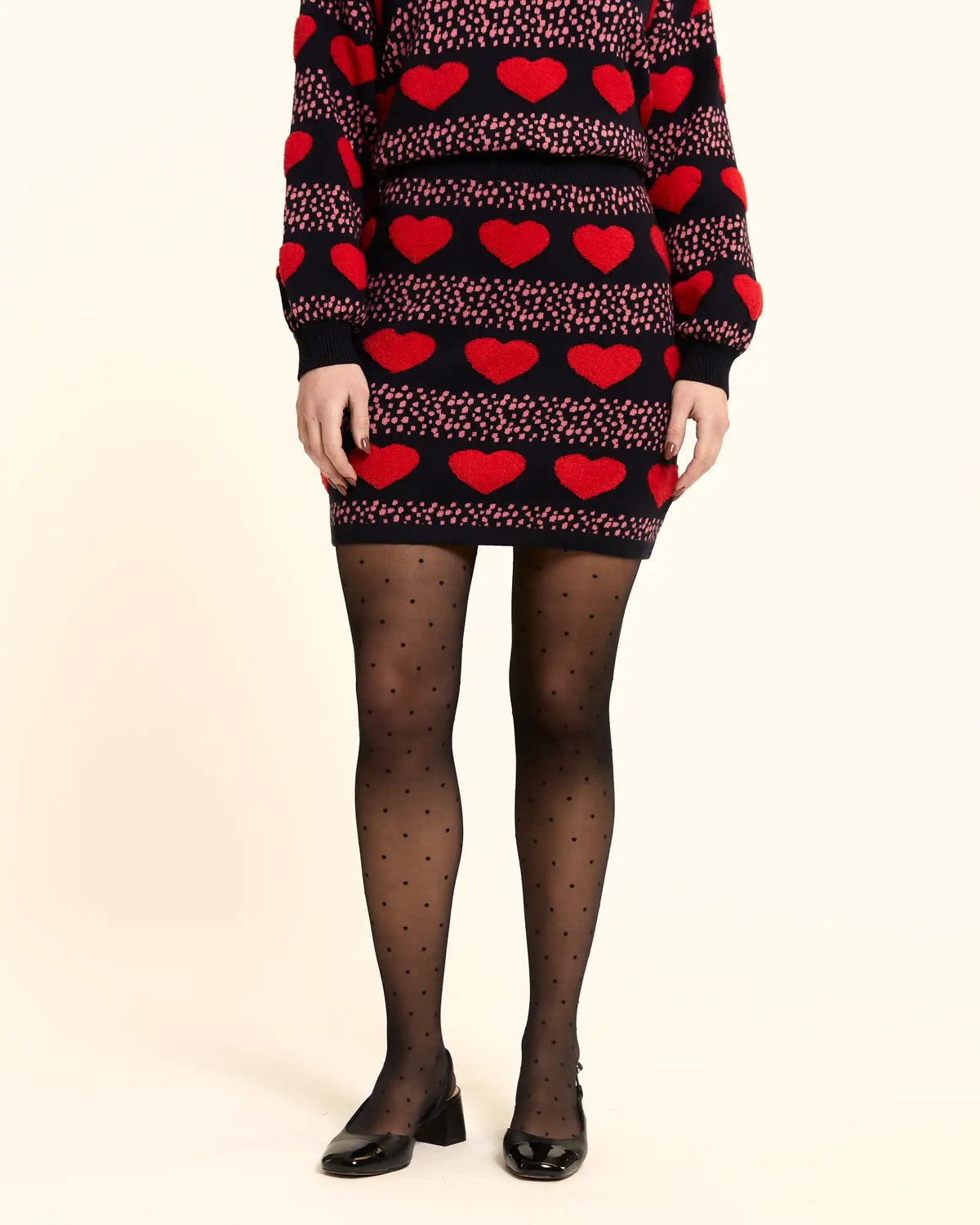 Black Heart-Print Knit Midi Skirt