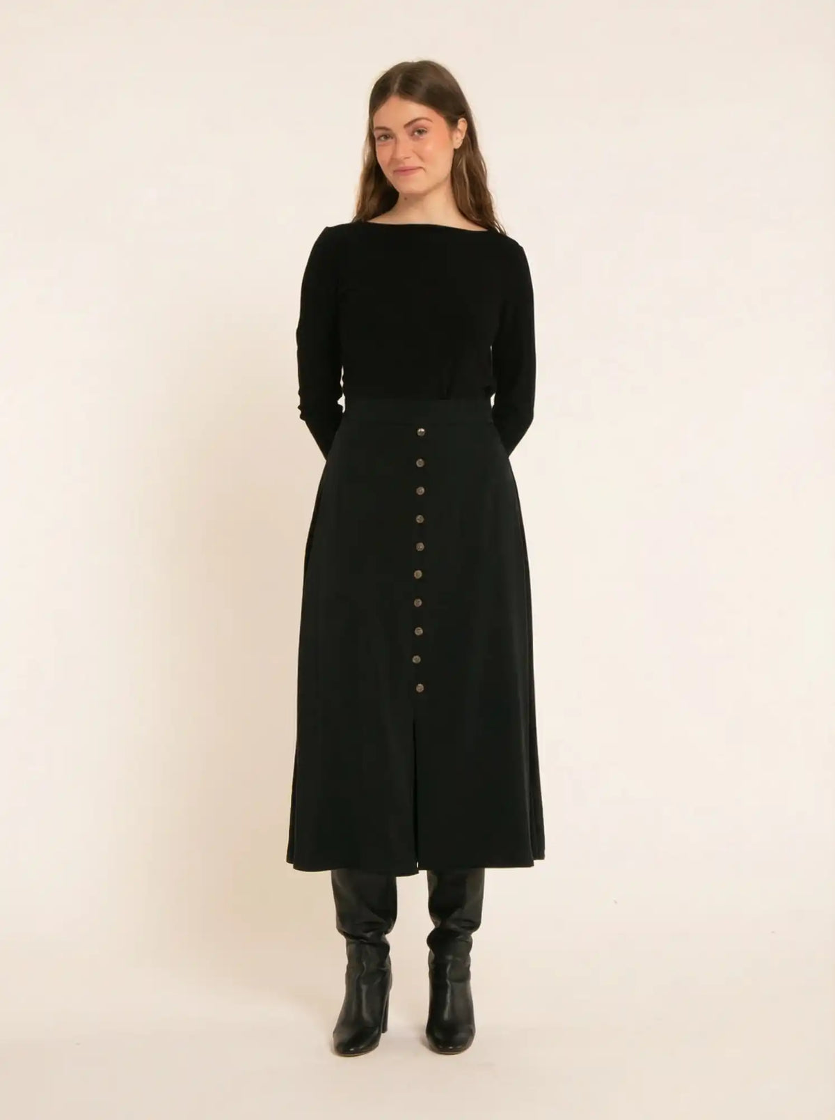 Black A-line button-front skirt