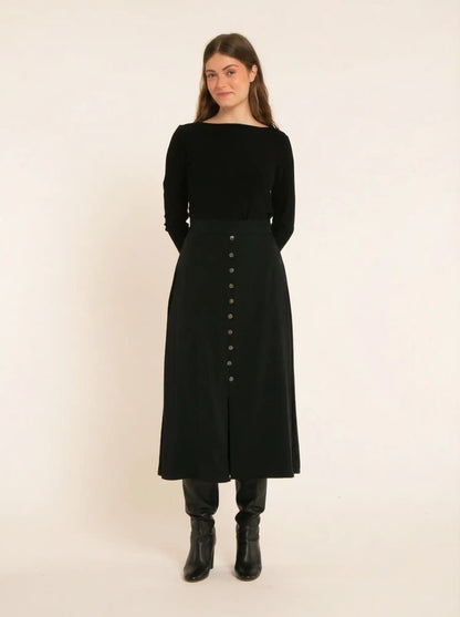 Black A-line button-front skirt