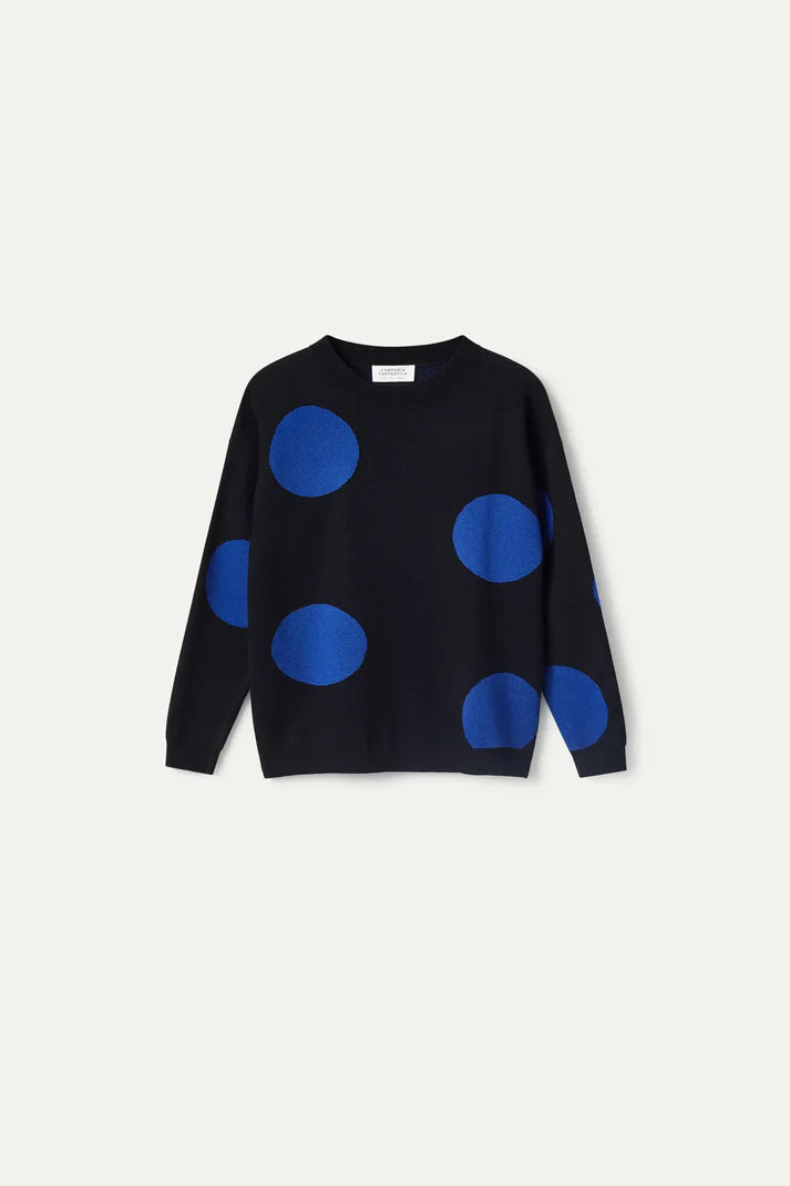 Blue polka dot printed jacquard knit sweater