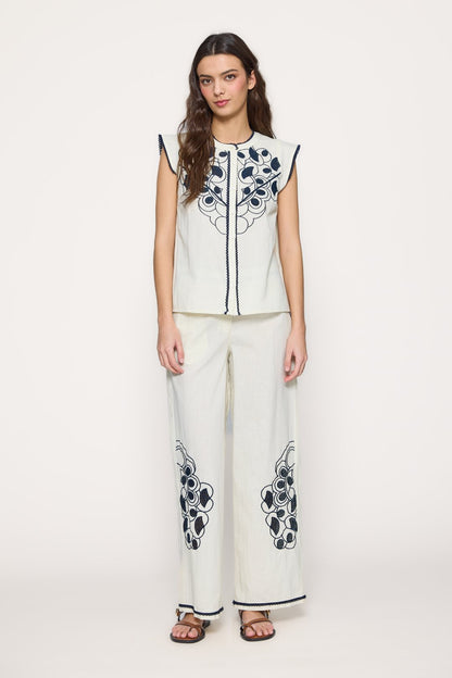 Embroidered linen and cotton blouse