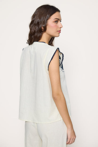 Embroidered linen and cotton blouse