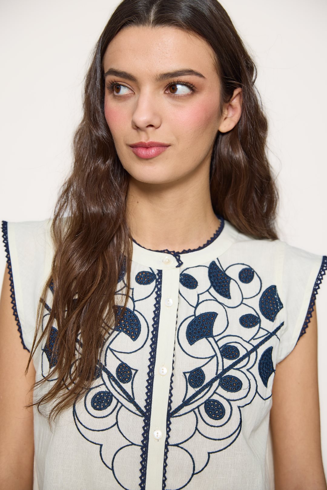 Embroidered linen and cotton blouse