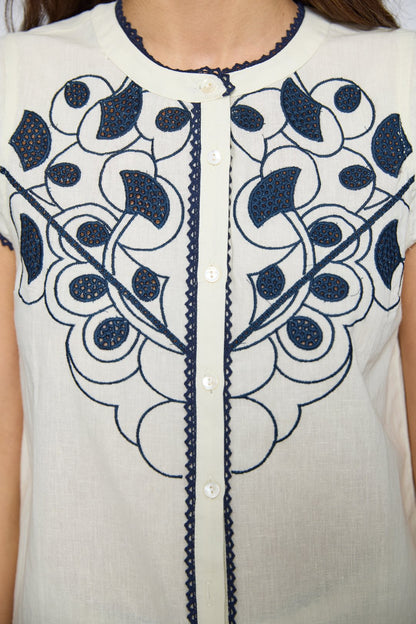 Embroidered linen and cotton blouse