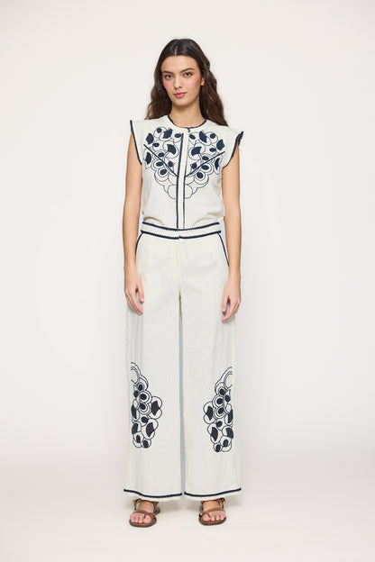 Embroidered linen-blend trousers