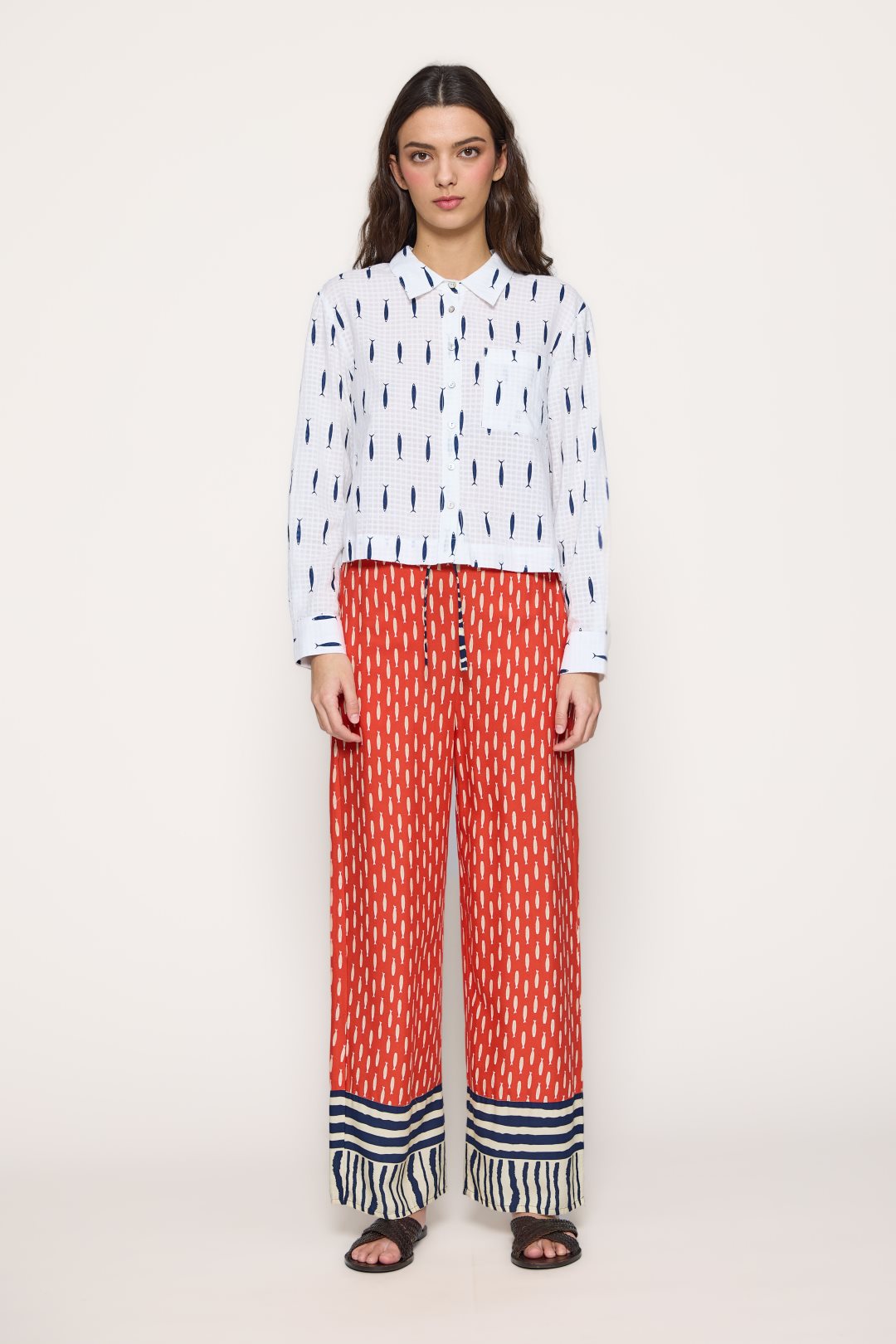Wide-leg viscose trousers with print