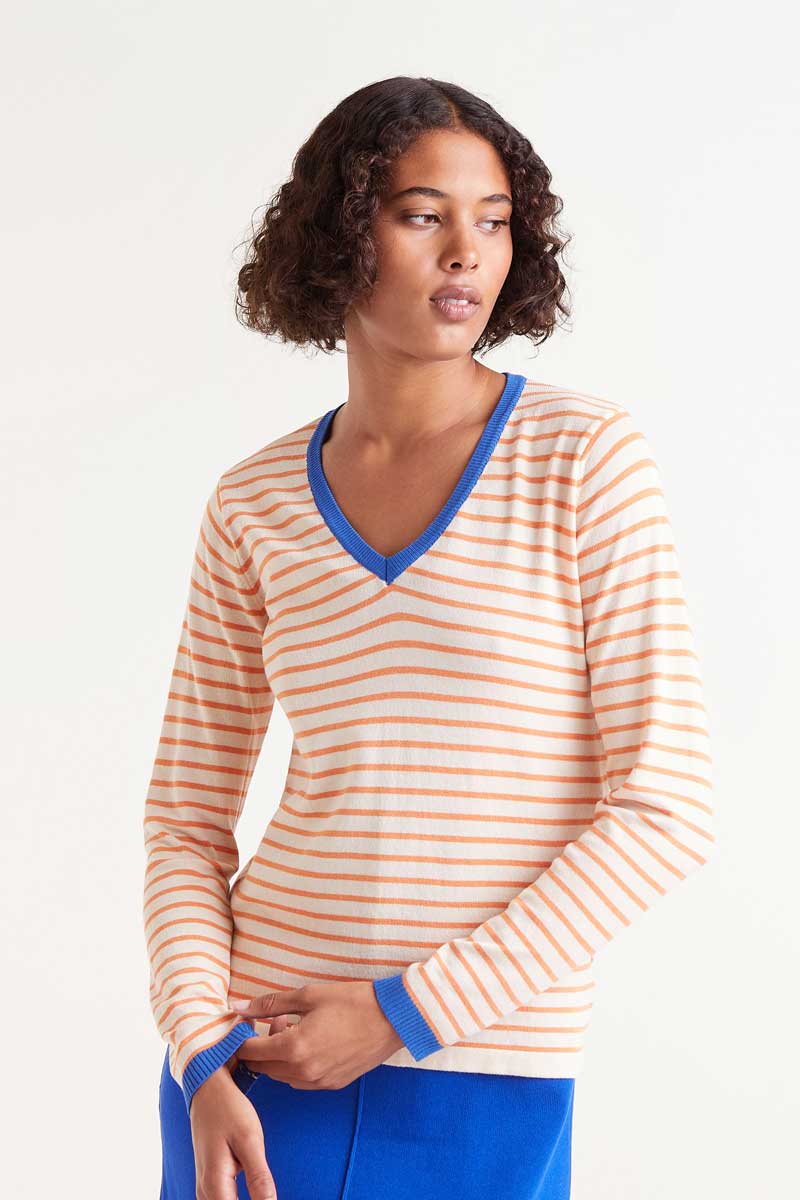 Orange striped V-neck sweater