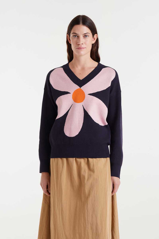 Jacquard knit sweater with big navy blue flower print