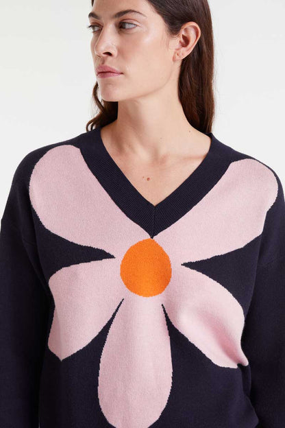 Jacquard knit sweater with big navy blue flower print