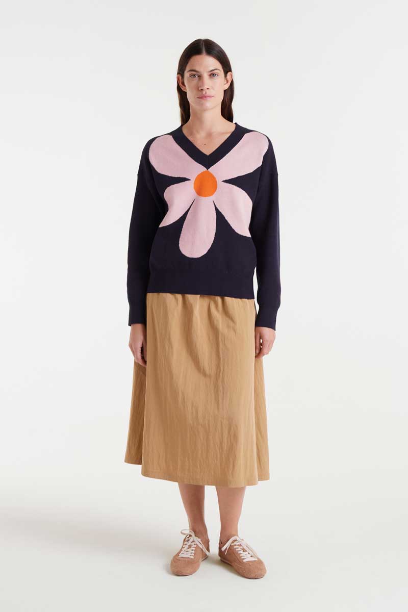 Jacquard knit sweater with big navy blue flower print