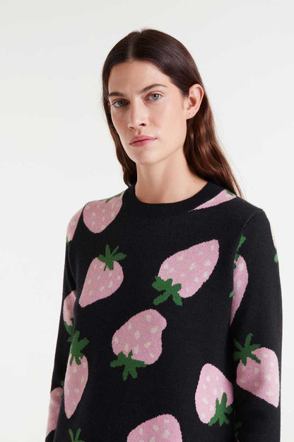 Short jacquard knit dress with Morango print
