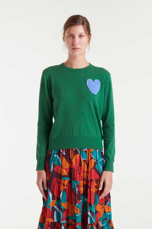 Green knitted sweater with heart print