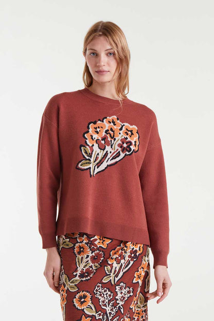Jacquard knit sweater with bouquet print