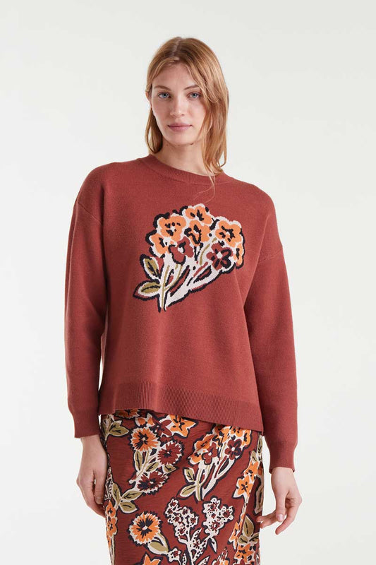 Jacquard knit sweater with bouquet print