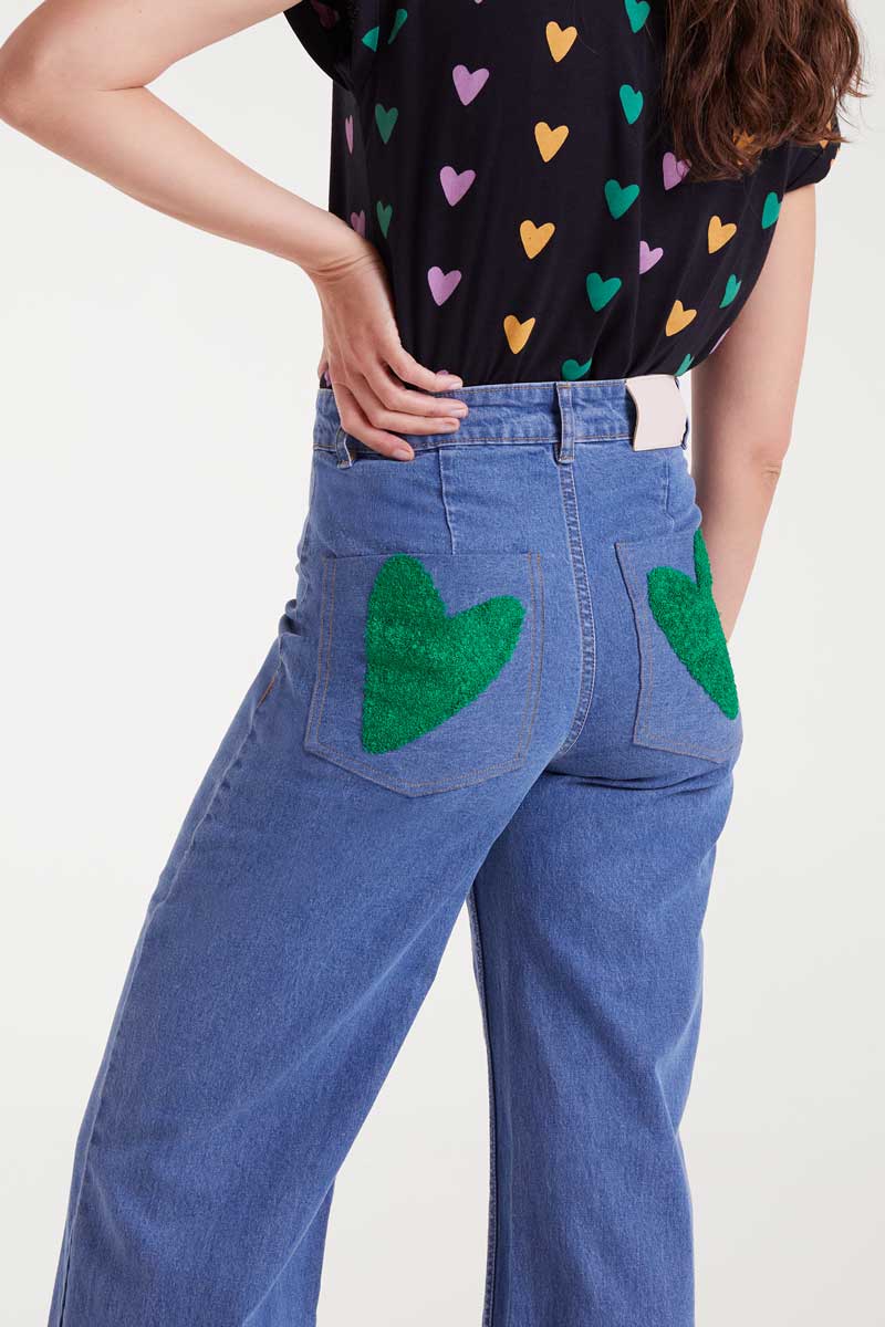 Blue jeans with heart embroidery