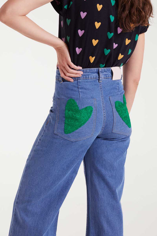 Blue jeans with heart embroidery