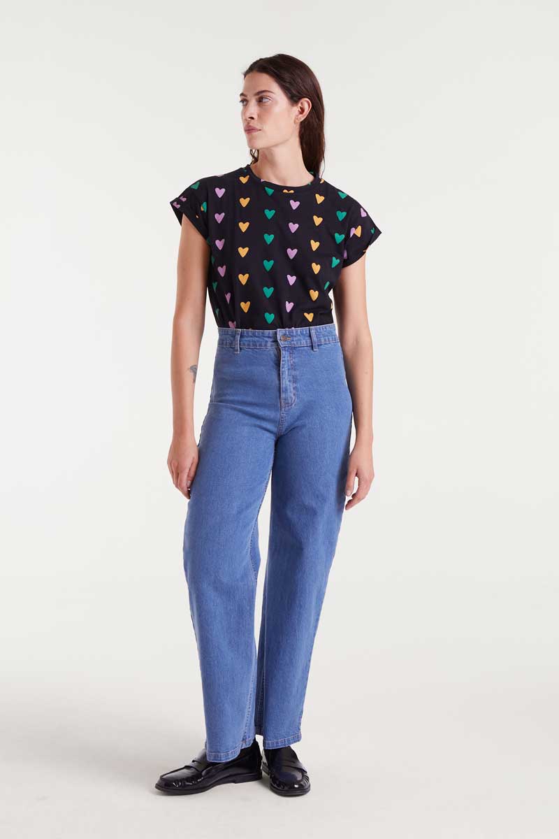 Blue jeans with heart embroidery