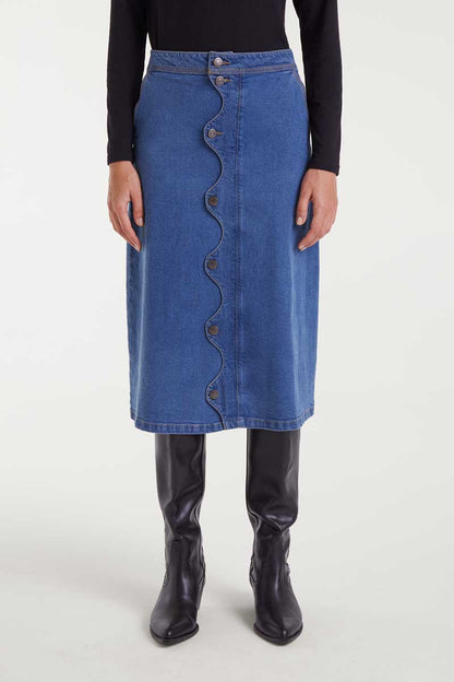 Blue denim midi skirt