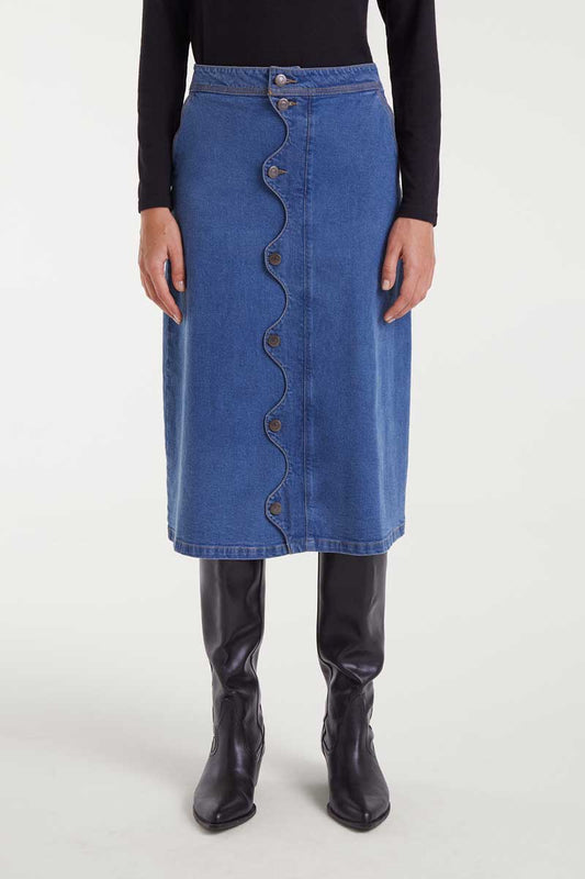 Blue denim midi skirt