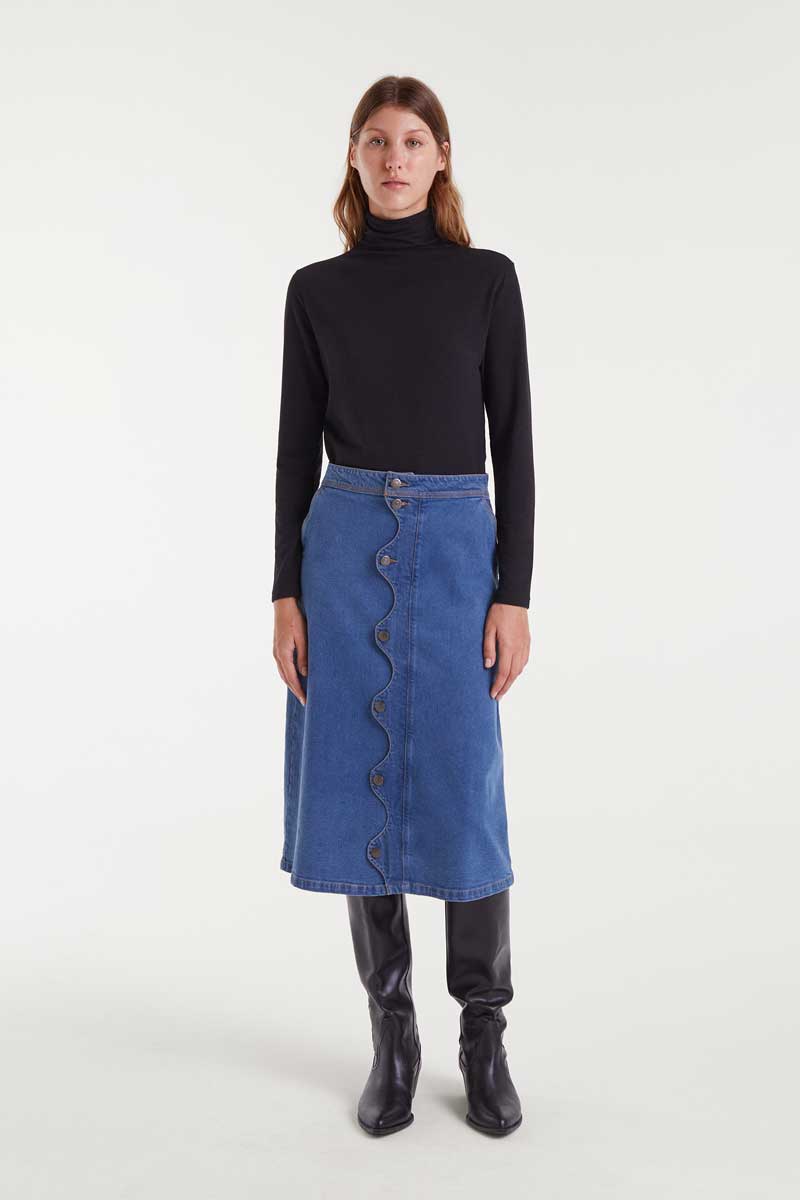 Blue denim midi skirt