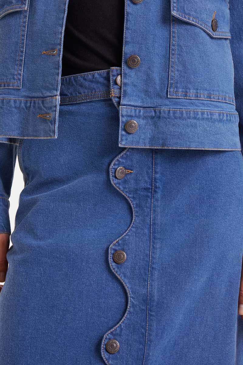 Blue denim midi skirt