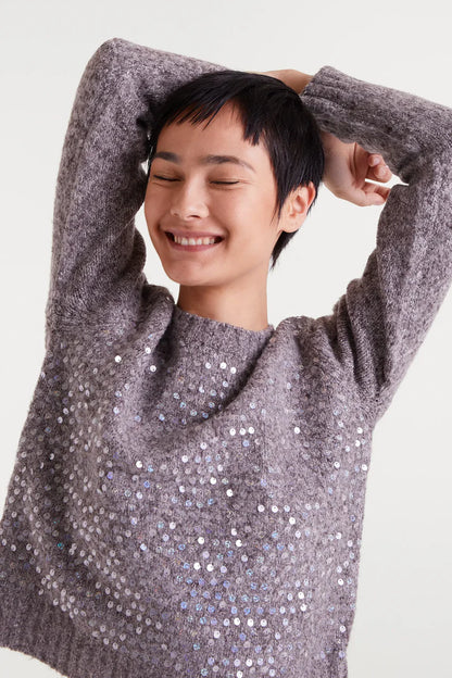 Brown knitted sweater with sequin details