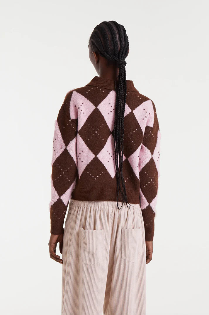 Pink and brown diamond-stitch jacquard sweater
