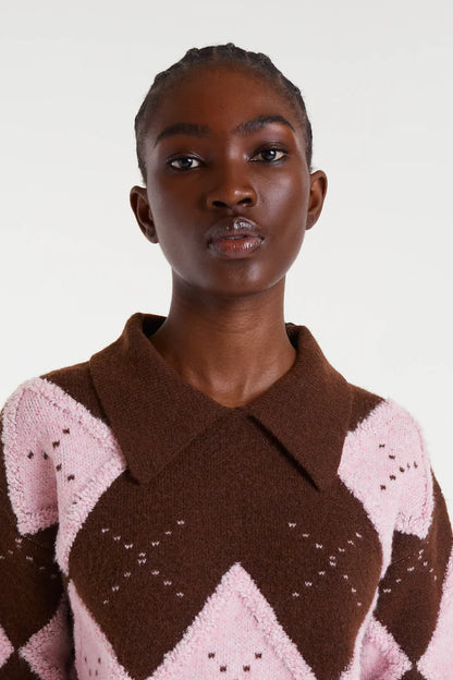 Pink and brown diamond-stitch jacquard sweater