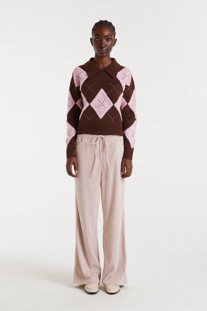 Pink and brown diamond-stitch jacquard sweater