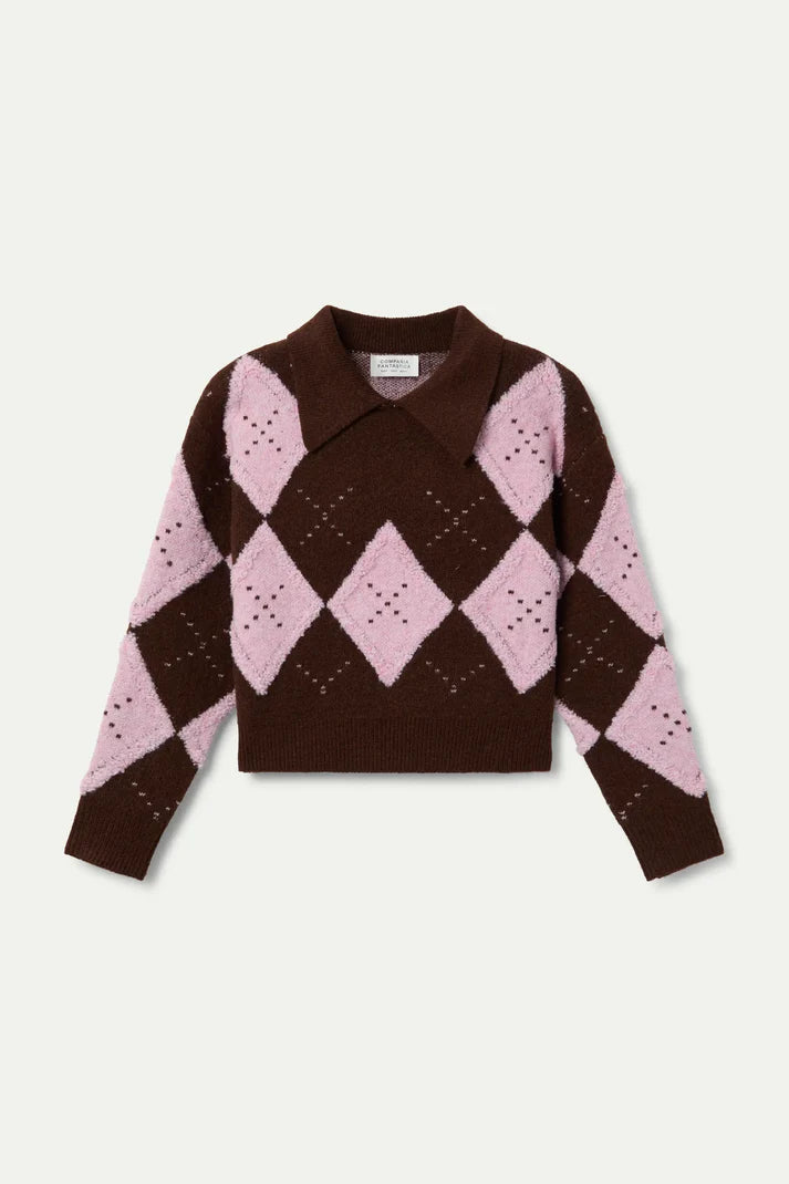 Pink and brown diamond-stitch jacquard sweater