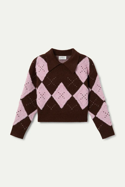Pink and brown diamond-stitch jacquard sweater