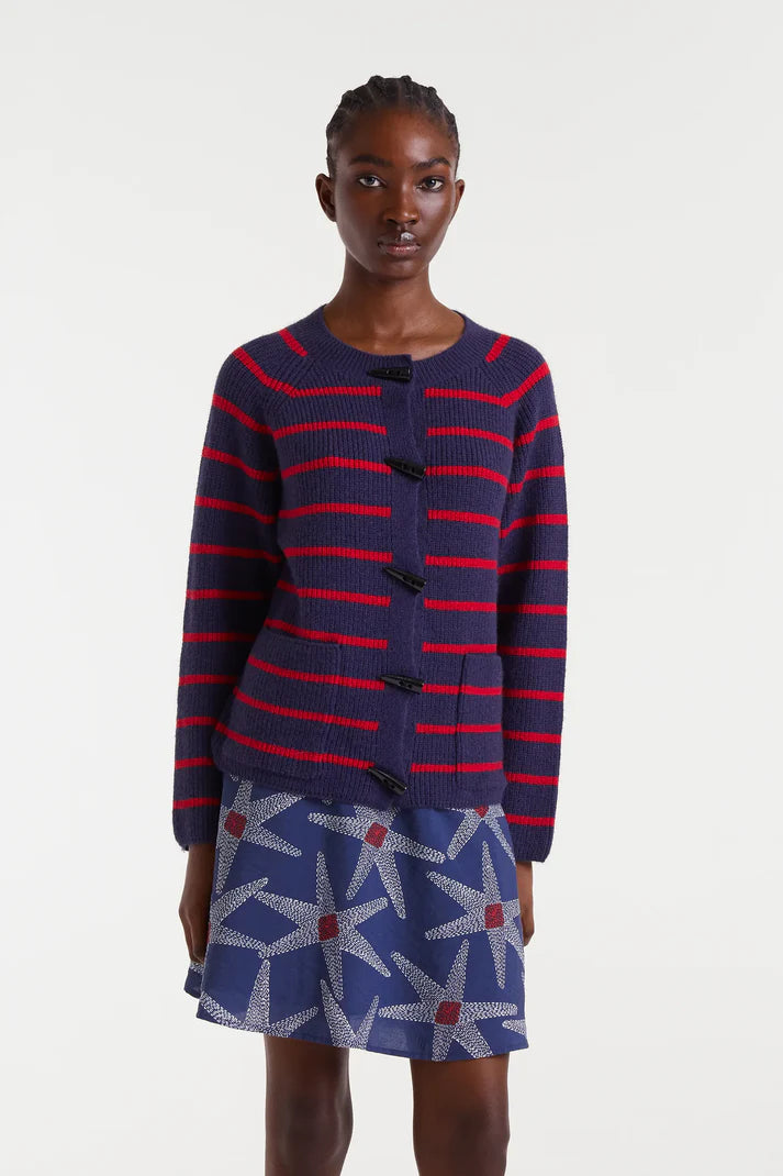 Navy blue and red striped knit cardigan