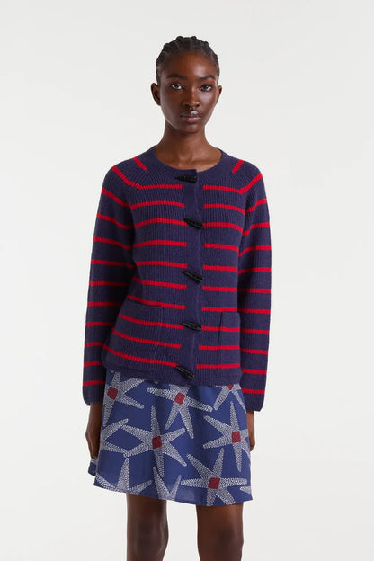Navy blue and red striped knit cardigan