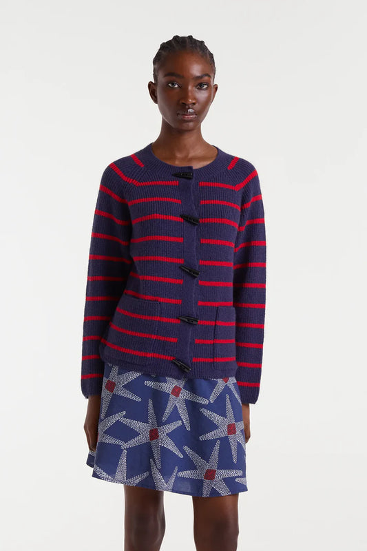Navy blue and red striped knit cardigan