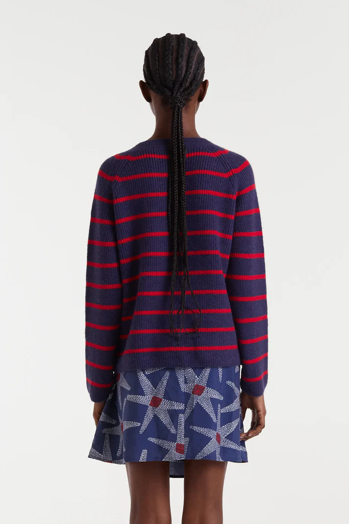 Navy blue and red striped knit cardigan
