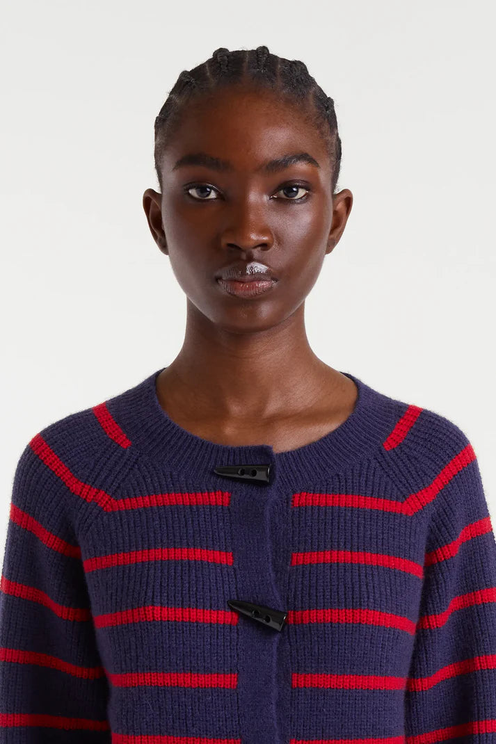 Navy blue and red striped knit cardigan