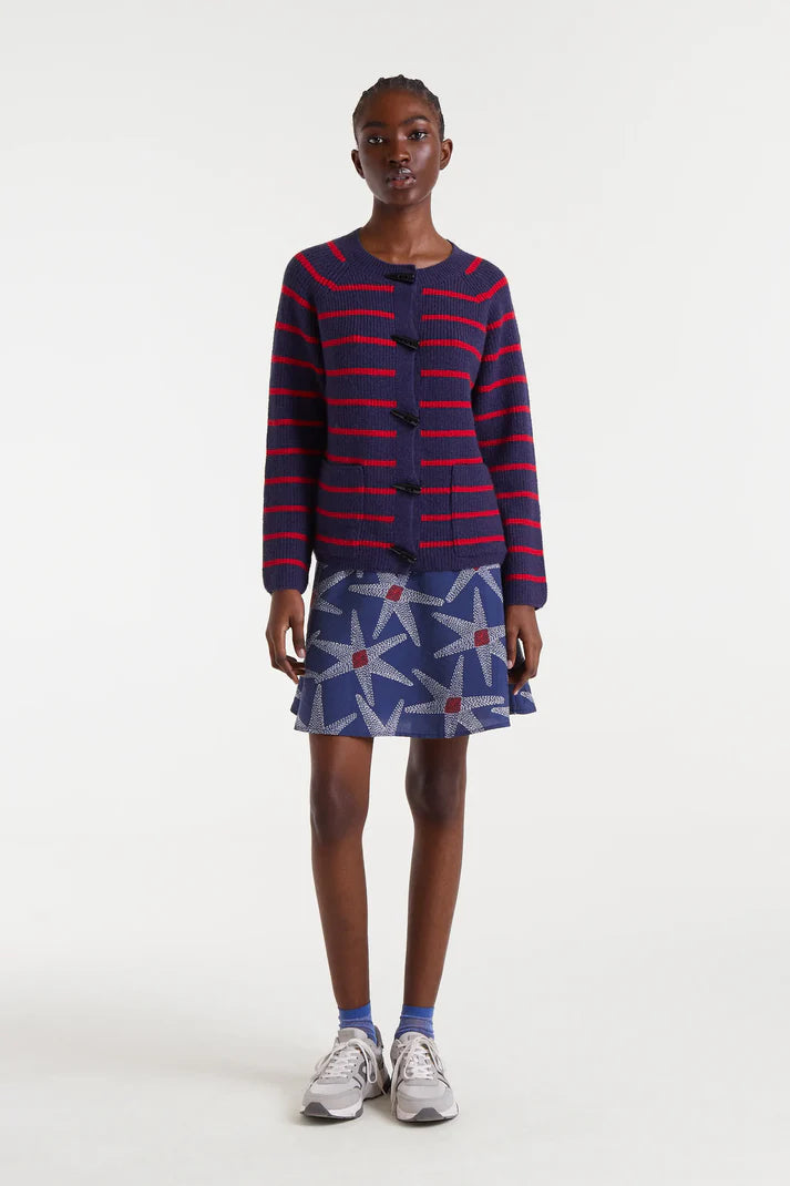 Navy blue and red striped knit cardigan