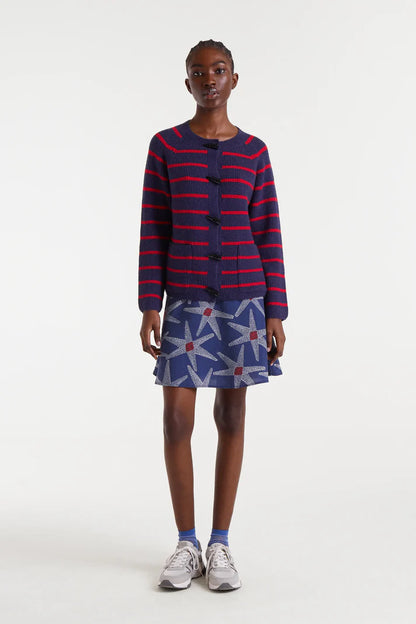 Navy blue and red striped knit cardigan