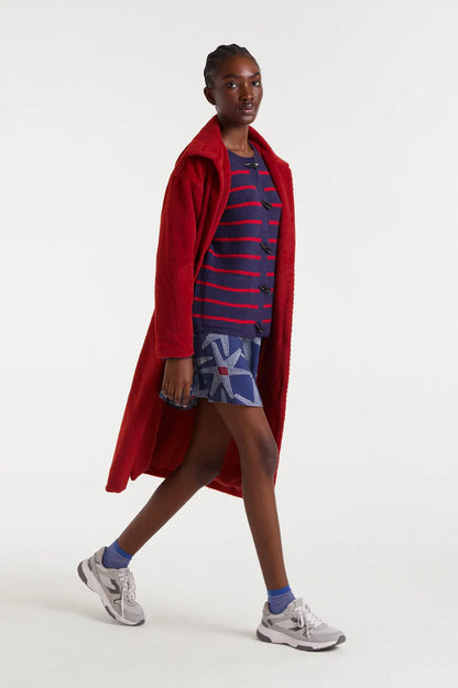 Navy blue and red striped knit cardigan