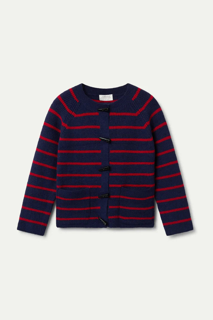 Navy blue and red striped knit cardigan