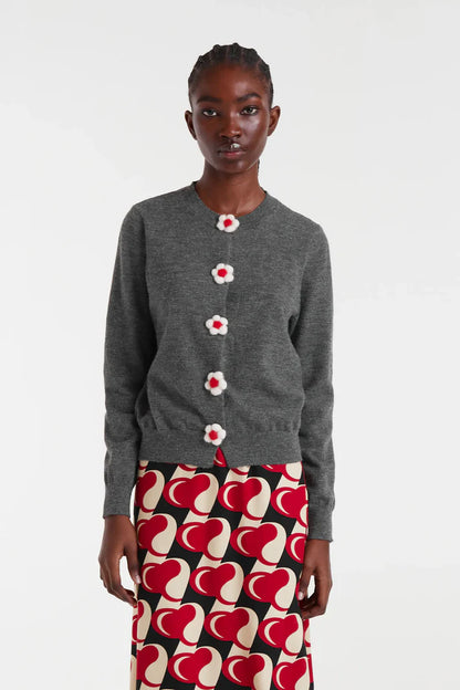 Fine knit cardigan with grey floral detail