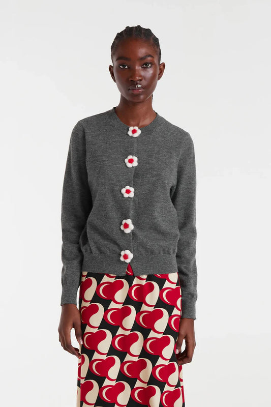 Fine knit cardigan with grey floral detail