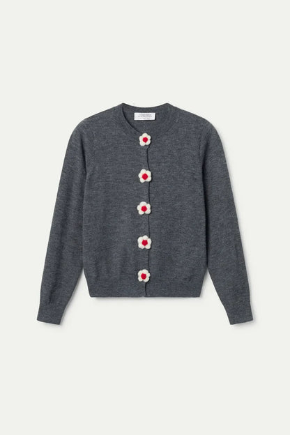 Fine knit cardigan with grey floral detail